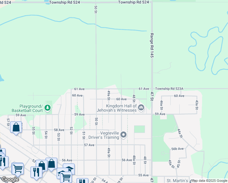 map of restaurants, bars, coffee shops, grocery stores, and more near 4917 61 Avenue in Vegreville