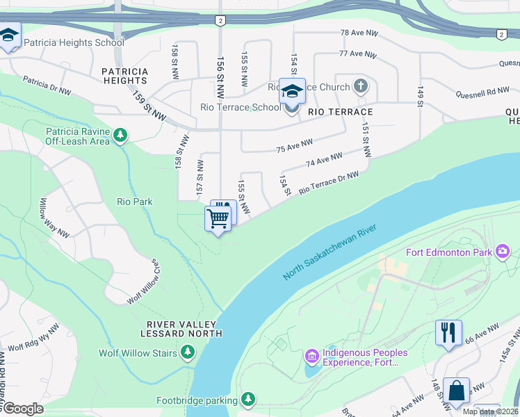 map of restaurants, bars, coffee shops, grocery stores, and more near 15412 Rio Terrace Drive Northwest in Edmonton