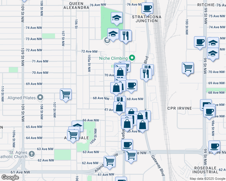 map of restaurants, bars, coffee shops, grocery stores, and more near 10431 69 Avenue Northwest in Edmonton