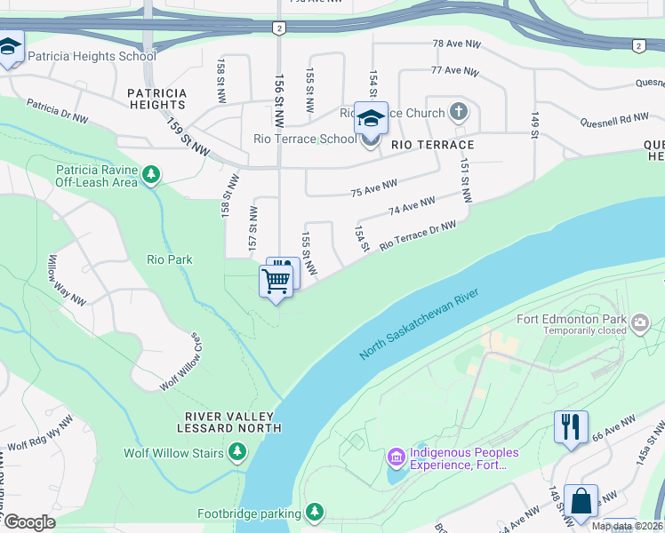 map of restaurants, bars, coffee shops, grocery stores, and more near 15412 Rio Terrace Drive Northwest in Edmonton