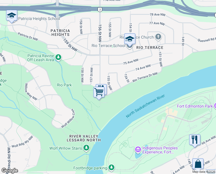 map of restaurants, bars, coffee shops, grocery stores, and more near 7306 155 Street Northwest in Edmonton