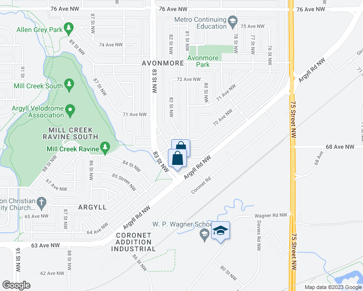 map of restaurants, bars, coffee shops, grocery stores, and more near 8107 70 Avenue Northwest in Edmonton