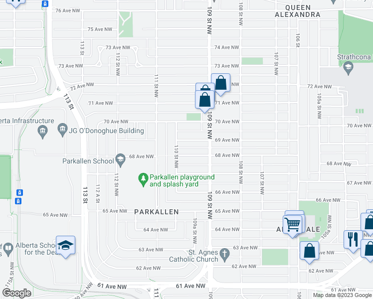 map of restaurants, bars, coffee shops, grocery stores, and more near 10940 68 Avenue Northwest in Edmonton