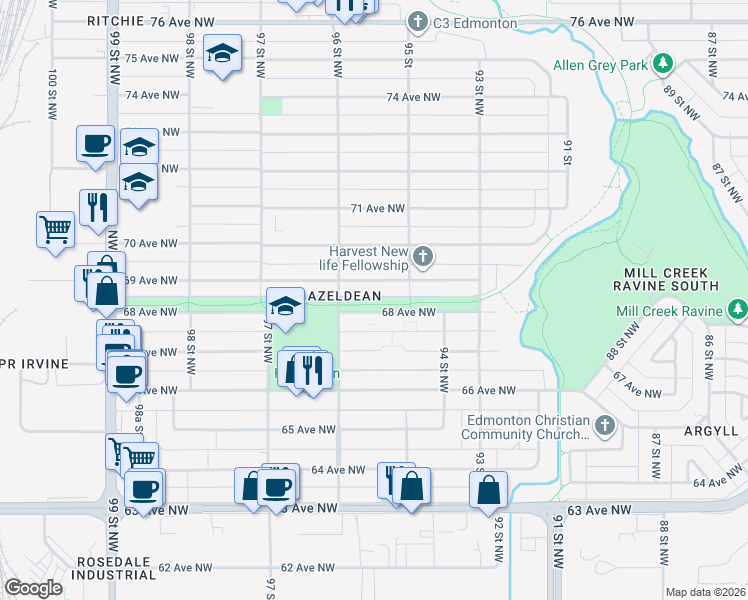 map of restaurants, bars, coffee shops, grocery stores, and more near 6815 96 Street Northwest in Edmonton
