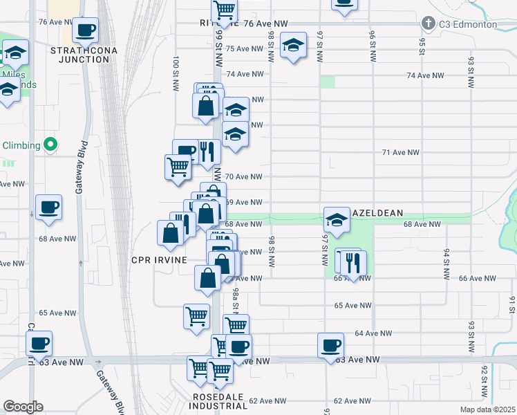 map of restaurants, bars, coffee shops, grocery stores, and more near 9825 68 Avenue Northwest in Edmonton