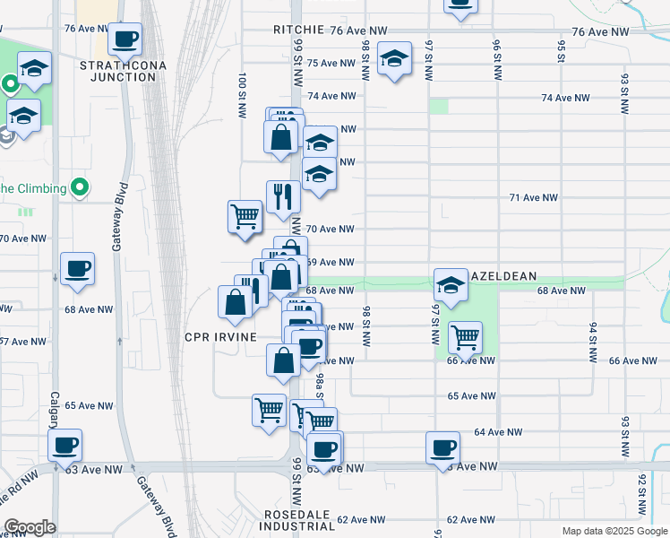 map of restaurants, bars, coffee shops, grocery stores, and more near 9825 68 Avenue Northwest in Edmonton