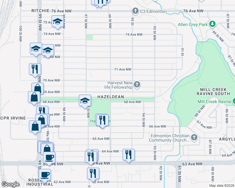 map of restaurants, bars, coffee shops, grocery stores, and more near 6815 96 Street Northwest in Edmonton