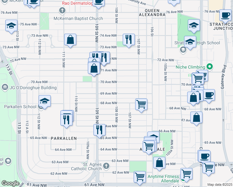 map of restaurants, bars, coffee shops, grocery stores, and more near 108 St NW & 69 Ave NW in Edmonton