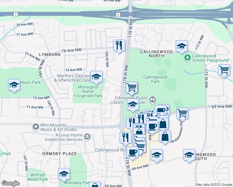 map of restaurants, bars, coffee shops, grocery stores, and more near 7214 178 Street Northwest in Edmonton