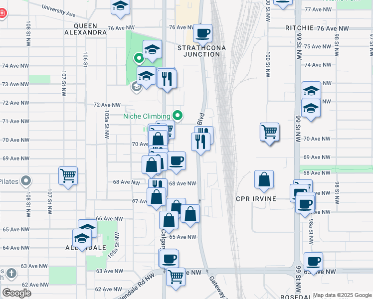 map of restaurants, bars, coffee shops, grocery stores, and more near 6904 Gateway Boulevard Northwest in Edmonton