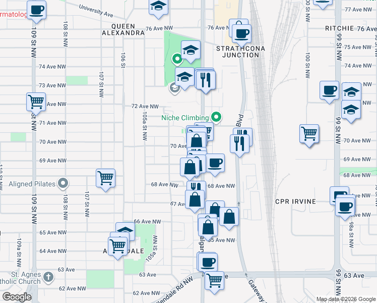 map of restaurants, bars, coffee shops, grocery stores, and more near in Edmonton