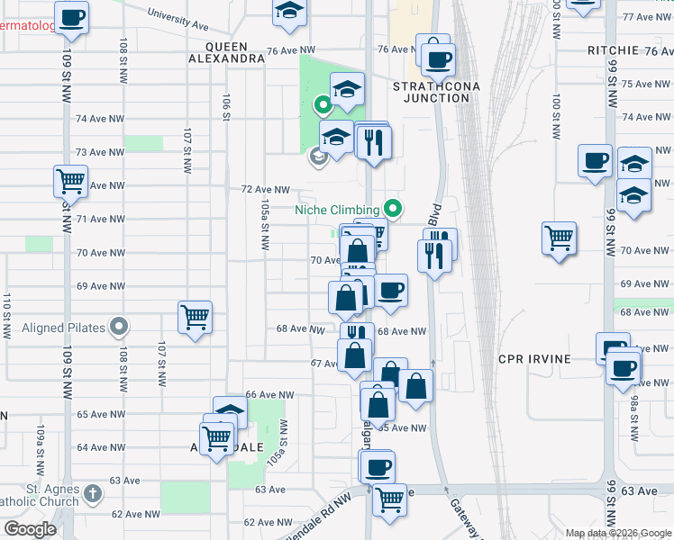 map of restaurants, bars, coffee shops, grocery stores, and more near in Edmonton