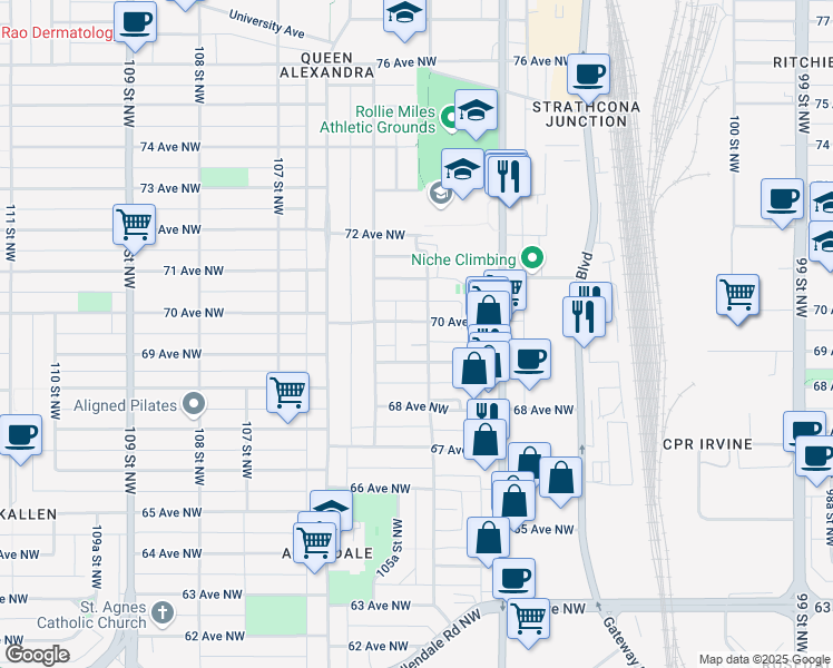 map of restaurants, bars, coffee shops, grocery stores, and more near 10454 70 Avenue Northwest in Edmonton