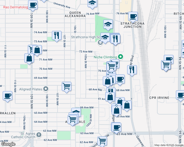 map of restaurants, bars, coffee shops, grocery stores, and more near 10526 70 Avenue Northwest in Edmonton