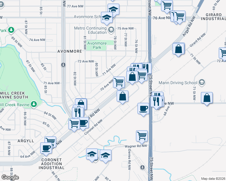map of restaurants, bars, coffee shops, grocery stores, and more near 7911 70 Avenue Northwest in Edmonton
