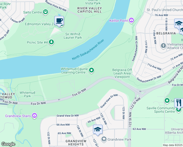 map of restaurants, bars, coffee shops, grocery stores, and more near 12504 Fox Drive Northwest in Edmonton