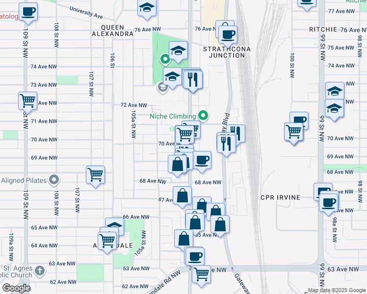 map of restaurants, bars, coffee shops, grocery stores, and more near in Edmonton