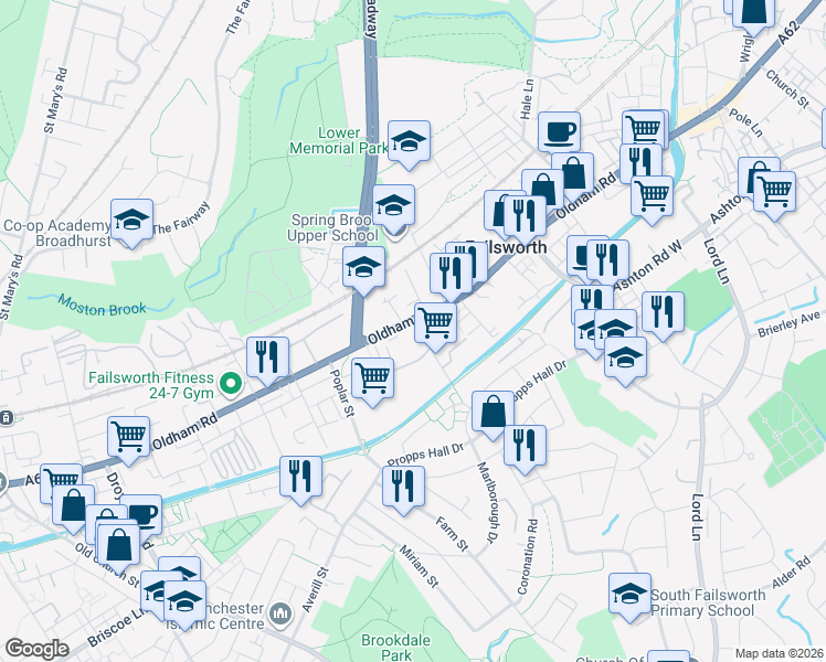 map of restaurants, bars, coffee shops, grocery stores, and more near in Failsworth