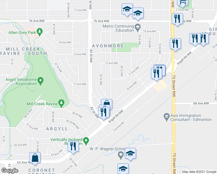 map of restaurants, bars, coffee shops, grocery stores, and more near 7024 81 Street Northwest in Edmonton