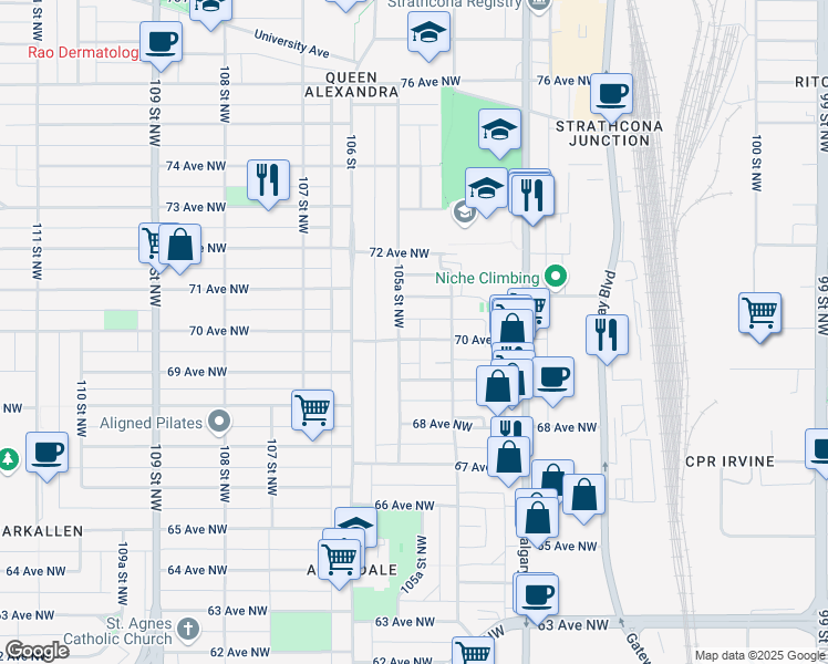 map of restaurants, bars, coffee shops, grocery stores, and more near 10526 70 Avenue Northwest in Edmonton