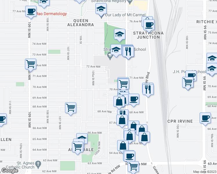 map of restaurants, bars, coffee shops, grocery stores, and more near 10454 70 Avenue Northwest in Edmonton