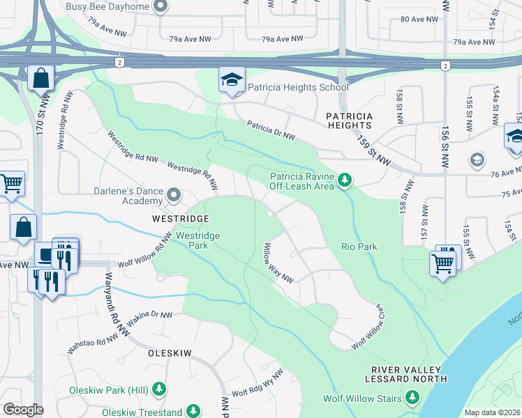 map of restaurants, bars, coffee shops, grocery stores, and more near 607 Wolf Willow Road Northwest in Edmonton