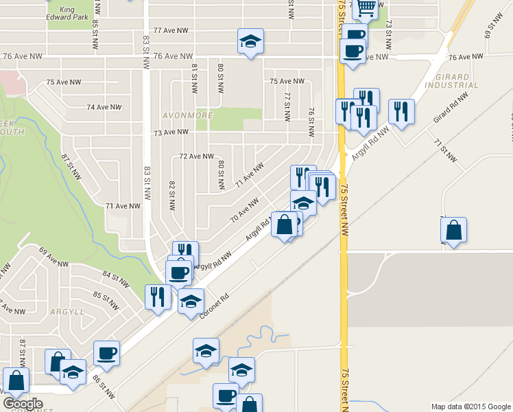 map of restaurants, bars, coffee shops, grocery stores, and more near 7911 70 Avenue Northwest in Edmonton