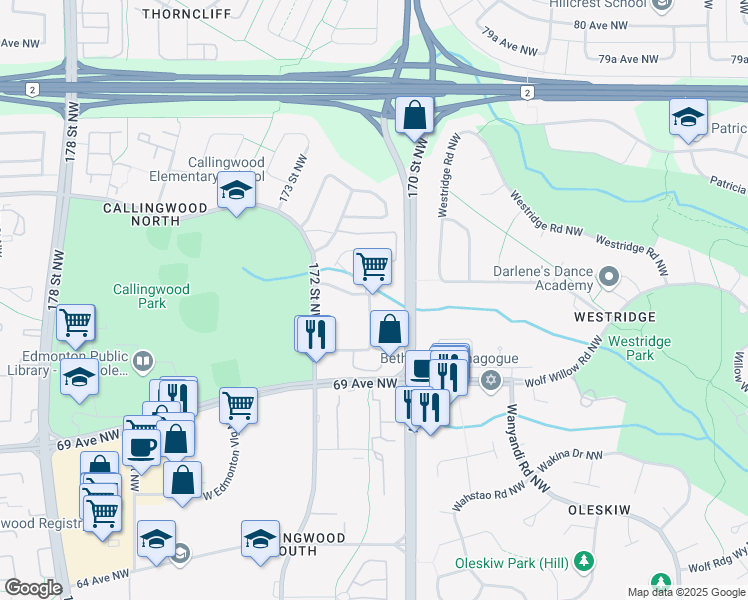 map of restaurants, bars, coffee shops, grocery stores, and more near 10030 171 Street Northwest in Edmonton