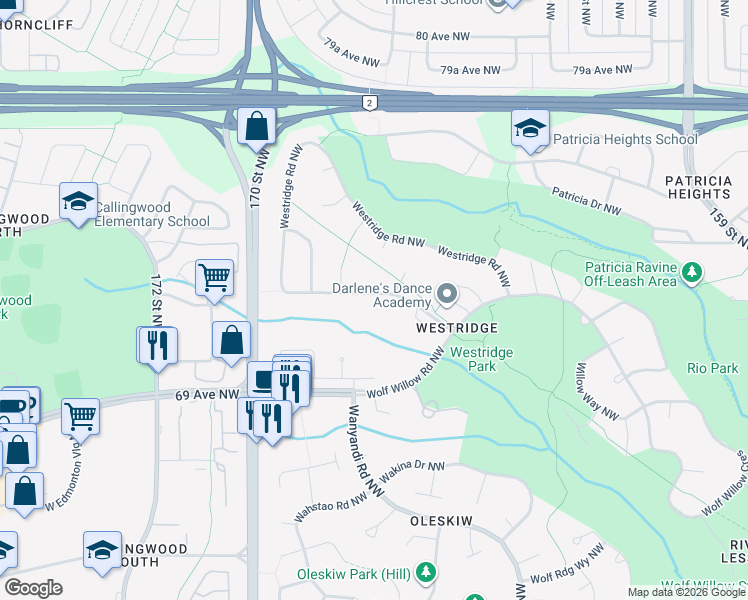 map of restaurants, bars, coffee shops, grocery stores, and more near 39 Westridge Road Northwest in Edmonton