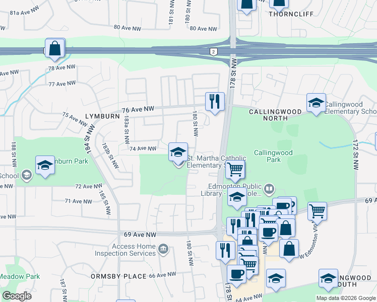 map of restaurants, bars, coffee shops, grocery stores, and more near 7267 180 Street Northwest in Edmonton