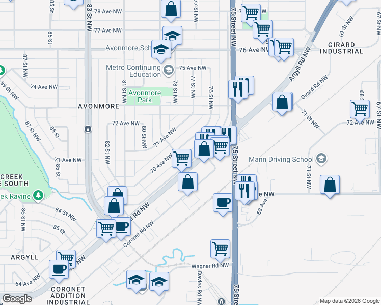map of restaurants, bars, coffee shops, grocery stores, and more near 7809 Argyll Road Northwest in Edmonton