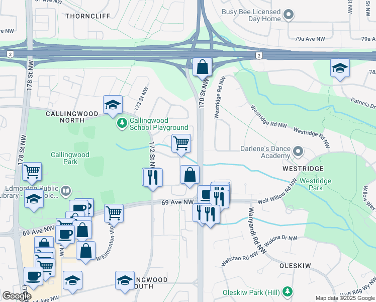 map of restaurants, bars, coffee shops, grocery stores, and more near 7211 170 Street Northwest in Edmonton