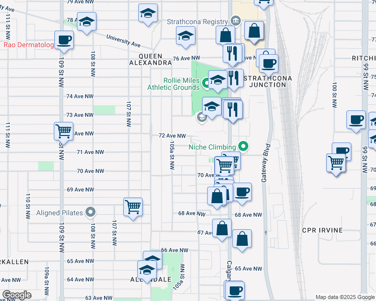 map of restaurants, bars, coffee shops, grocery stores, and more near 10506 71 Avenue Northwest in Edmonton