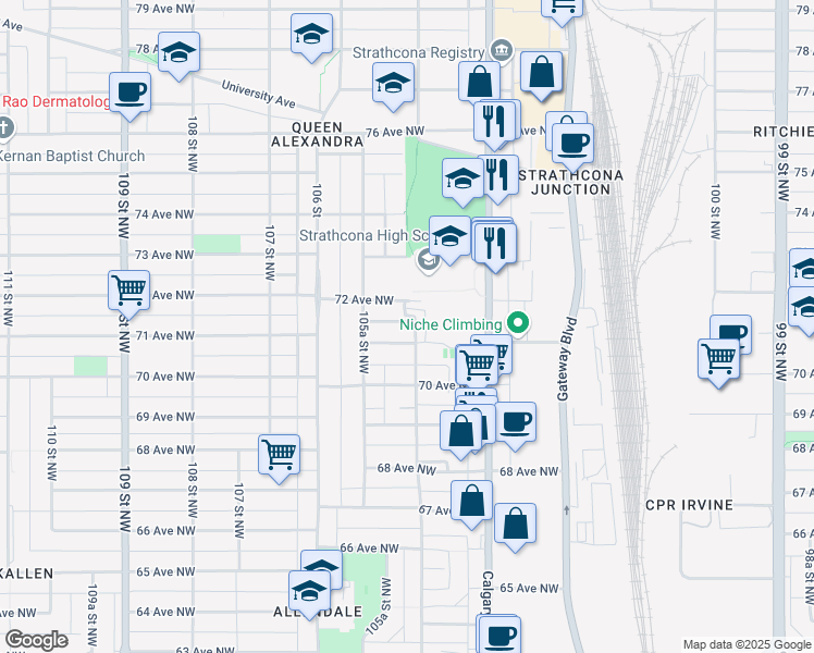 map of restaurants, bars, coffee shops, grocery stores, and more near 10506 71 Avenue Northwest in Edmonton