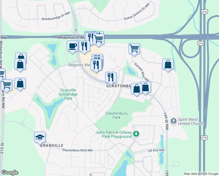 map of restaurants, bars, coffee shops, grocery stores, and more near 1408 Grant Way Northwest in Edmonton