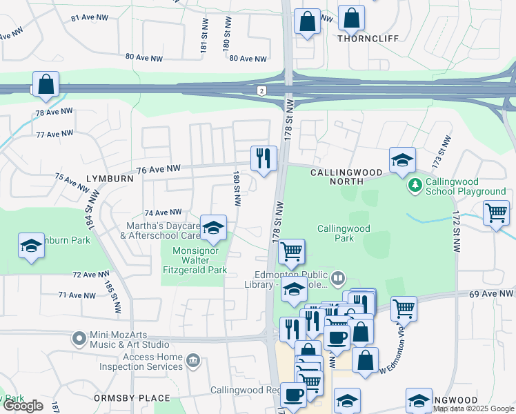 map of restaurants, bars, coffee shops, grocery stores, and more near 7370 178 Street Northwest in Edmonton