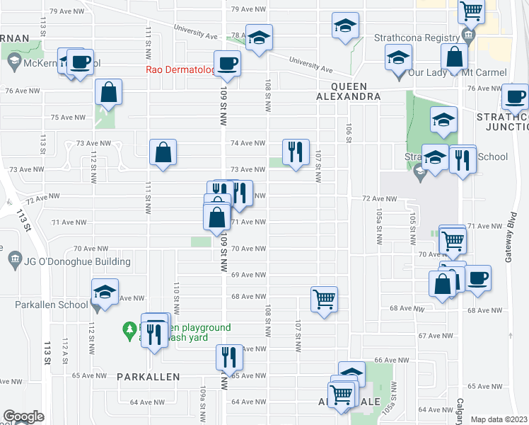 map of restaurants, bars, coffee shops, grocery stores, and more near 10802 71 Avenue Northwest in Edmonton