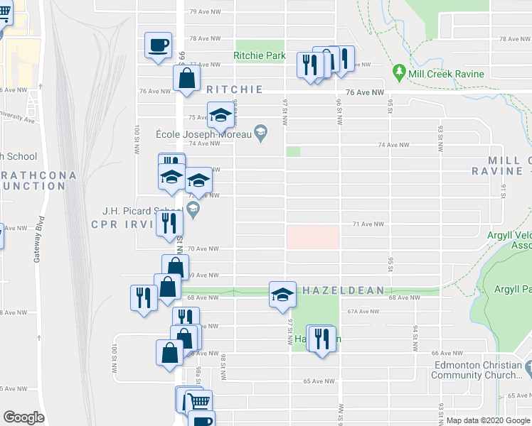 map of restaurants, bars, coffee shops, grocery stores, and more near 9722 71 Avenue Northwest in Edmonton
