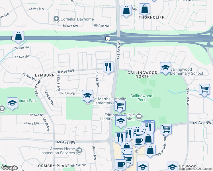 map of restaurants, bars, coffee shops, grocery stores, and more near 7308 178 Street Northwest in Edmonton