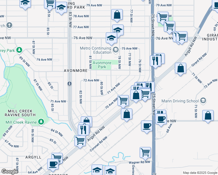 map of restaurants, bars, coffee shops, grocery stores, and more near 7108 79 Street Northwest in Edmonton