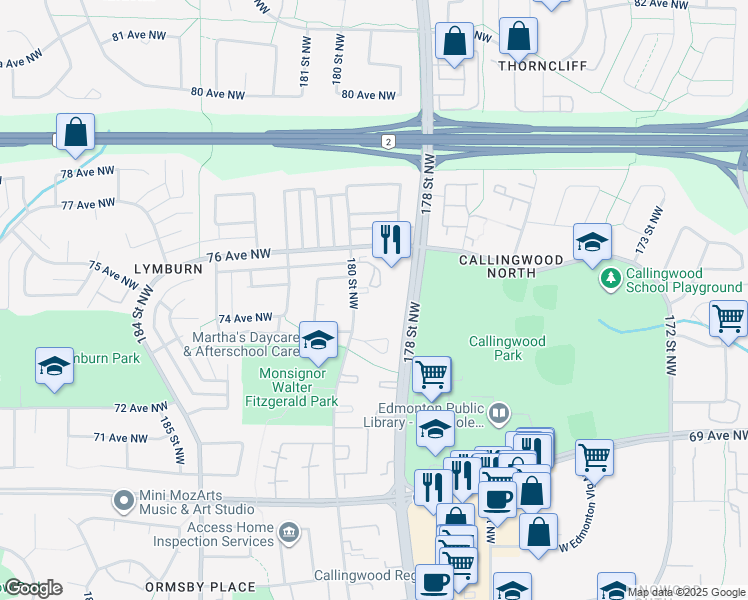 map of restaurants, bars, coffee shops, grocery stores, and more near 7370 178 Street Northwest in Edmonton