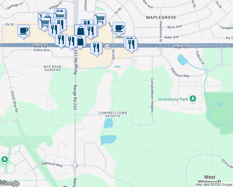 map of restaurants, bars, coffee shops, grocery stores, and more near 241 Campbelltown Heights in Sherwood Park