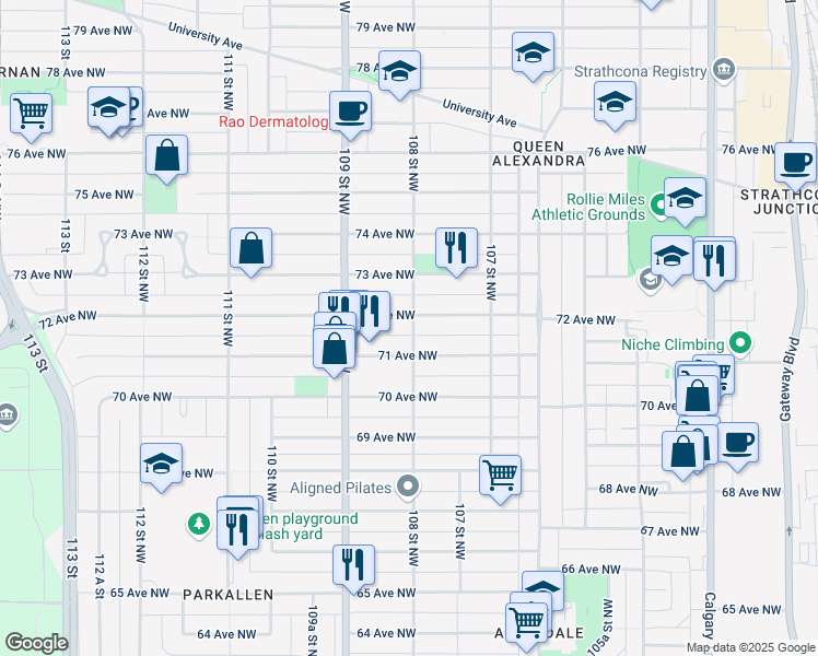 map of restaurants, bars, coffee shops, grocery stores, and more near 7126 108 Street Northwest in Edmonton