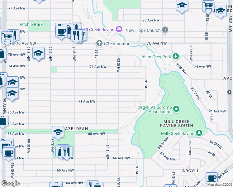 map of restaurants, bars, coffee shops, grocery stores, and more near in Edmonton