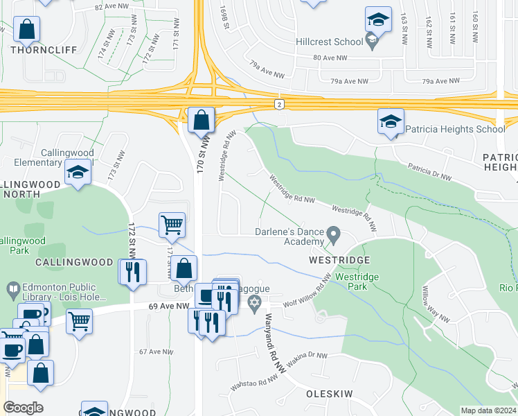 map of restaurants, bars, coffee shops, grocery stores, and more near 60 Westridge Road Northwest in Edmonton