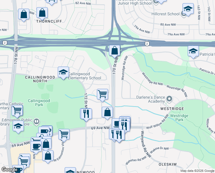 map of restaurants, bars, coffee shops, grocery stores, and more near 7611 172 Street Northwest in Edmonton