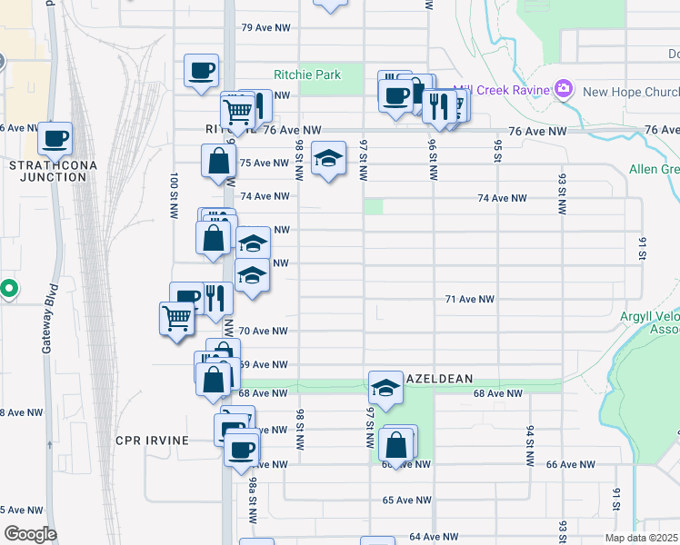 map of restaurants, bars, coffee shops, grocery stores, and more near 9722 71 Avenue Northwest in Edmonton