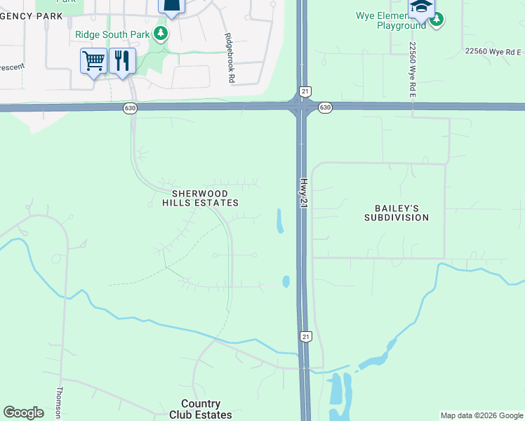 map of restaurants, bars, coffee shops, grocery stores, and more near 23033 Wye Road in Sherwood Park