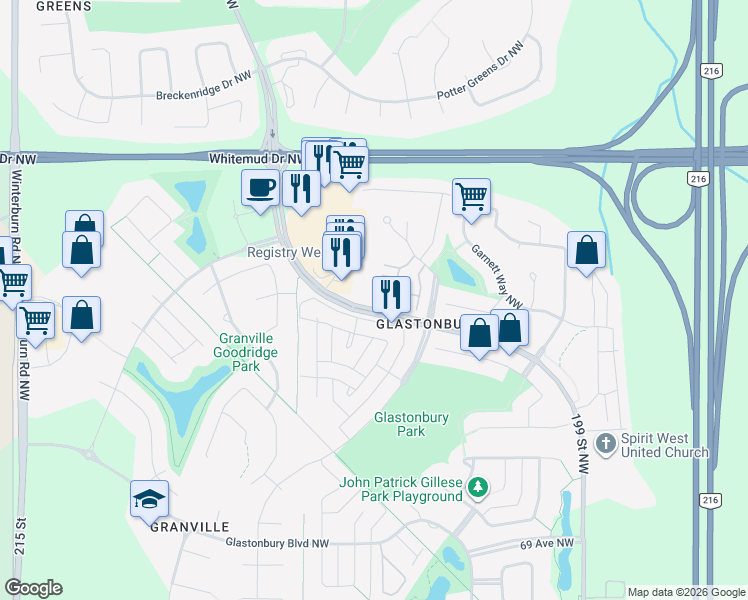 map of restaurants, bars, coffee shops, grocery stores, and more near 1408 Grant Way Northwest in Edmonton