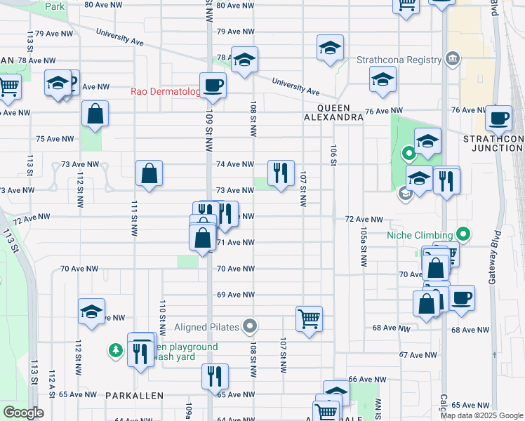 map of restaurants, bars, coffee shops, grocery stores, and more near 10802 71 Avenue Northwest in Edmonton